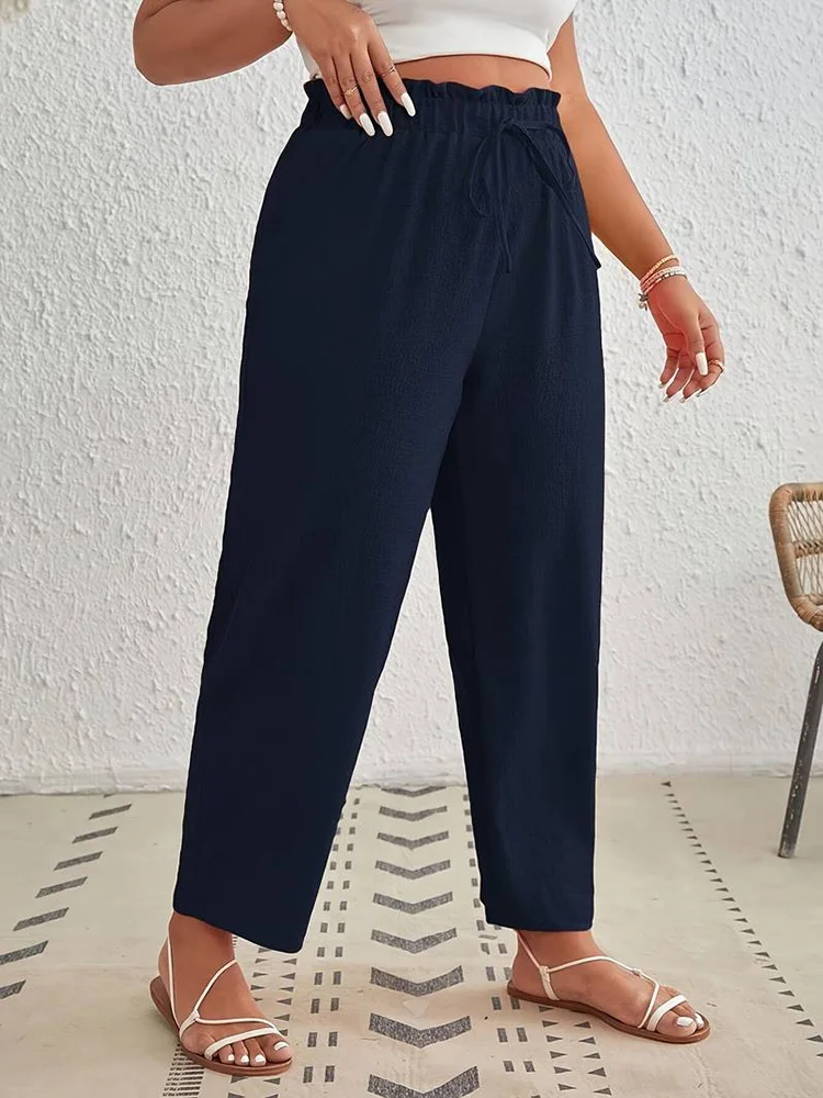 GIBSIE Plus Size Casual Knot Front Wide Leg Pants Women's Spring Summer High Elastic Waist Fashion Solid Color Straight Trousers