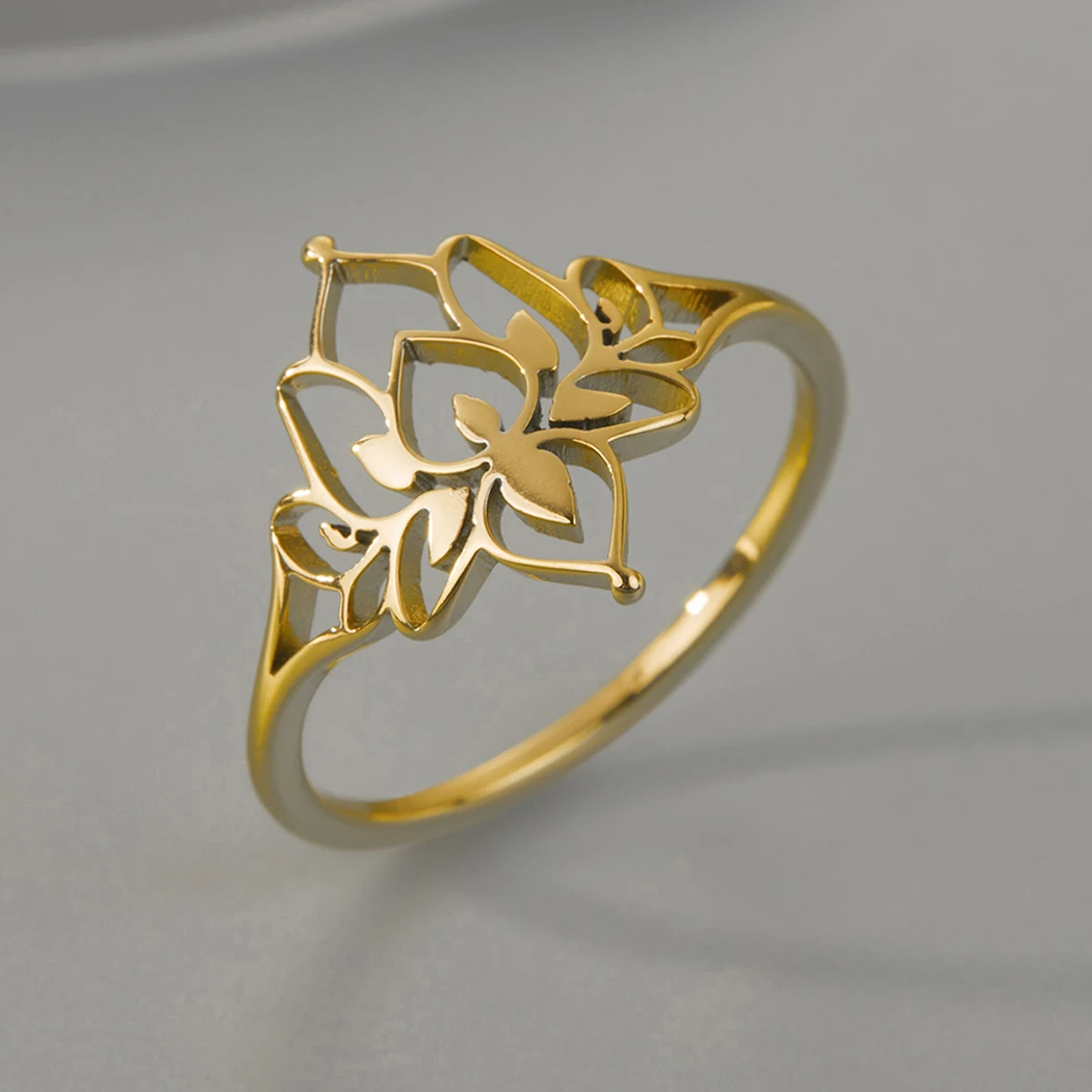 Kinitial 2022 New Simple Handmade Oxide Lotus Ring Exquisite Stainless Steel Ladies Lotus Jewelry Christmas Gift