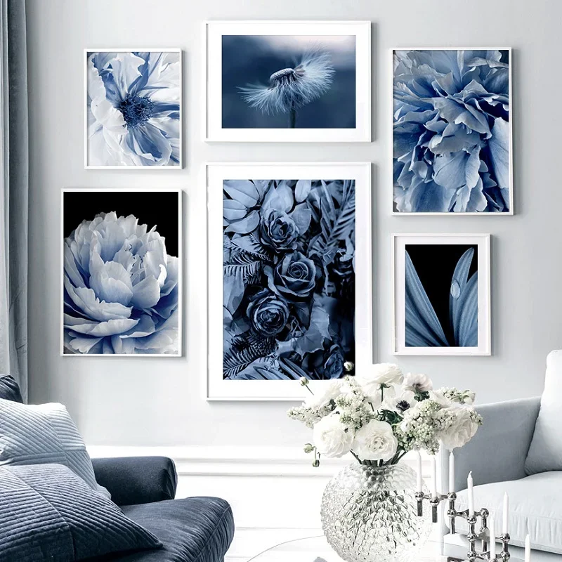 Nordic Blue Flowers Canvas Painting Dandelion Peony Flower Palm Leaves Poster Home Living Room Decoration Plant Art Pictures