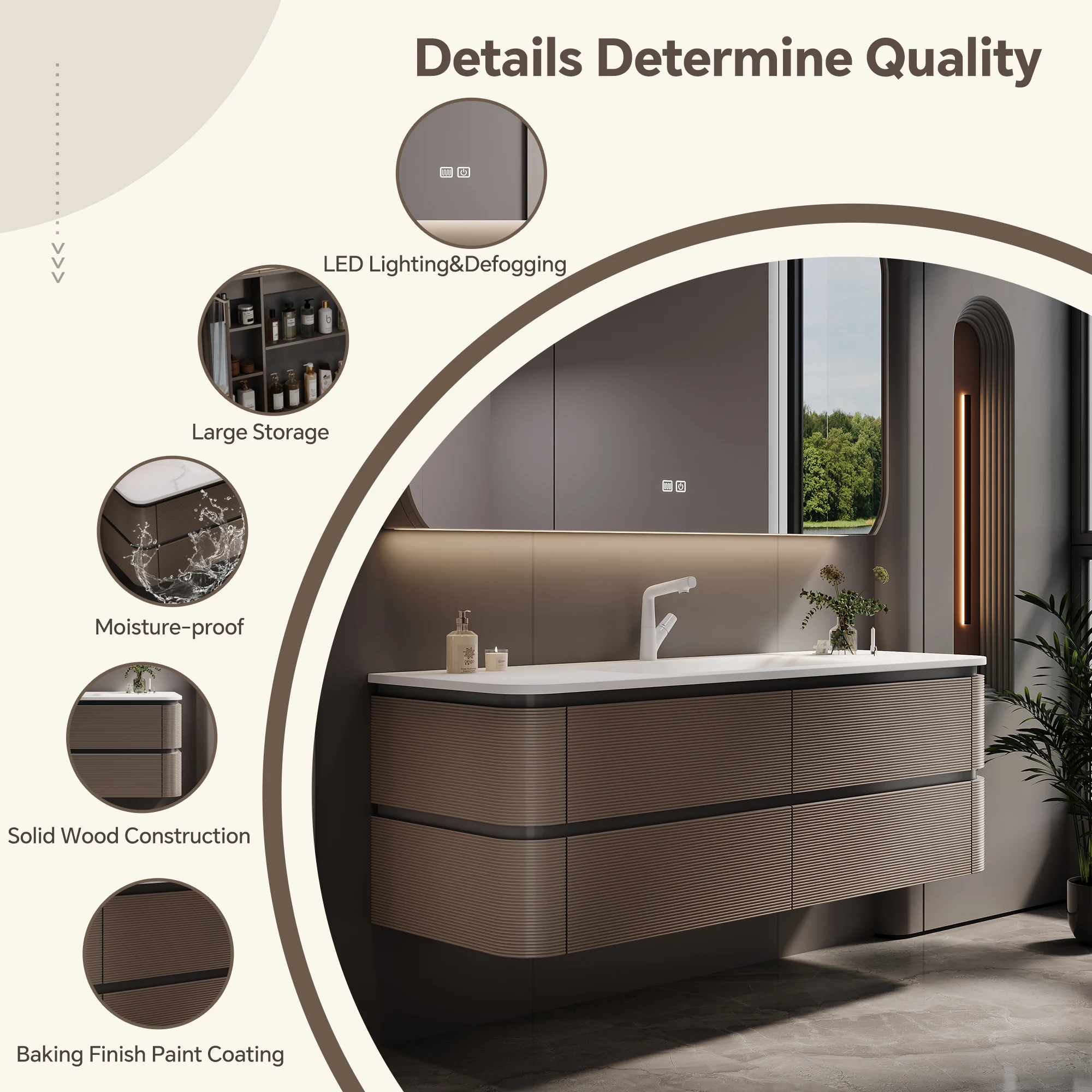 Modern Luxury Floating Bathroom Vanity Cabinet with Sintered Stone Integrated Basin Smart LED Mirror Solid Wood