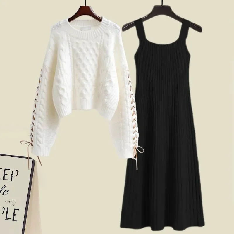 

Корейские костюмы из 2 предметов, женские осенне-зимние свободные свитера + эластичное платье, женские вязаные комплекты из двух предметов