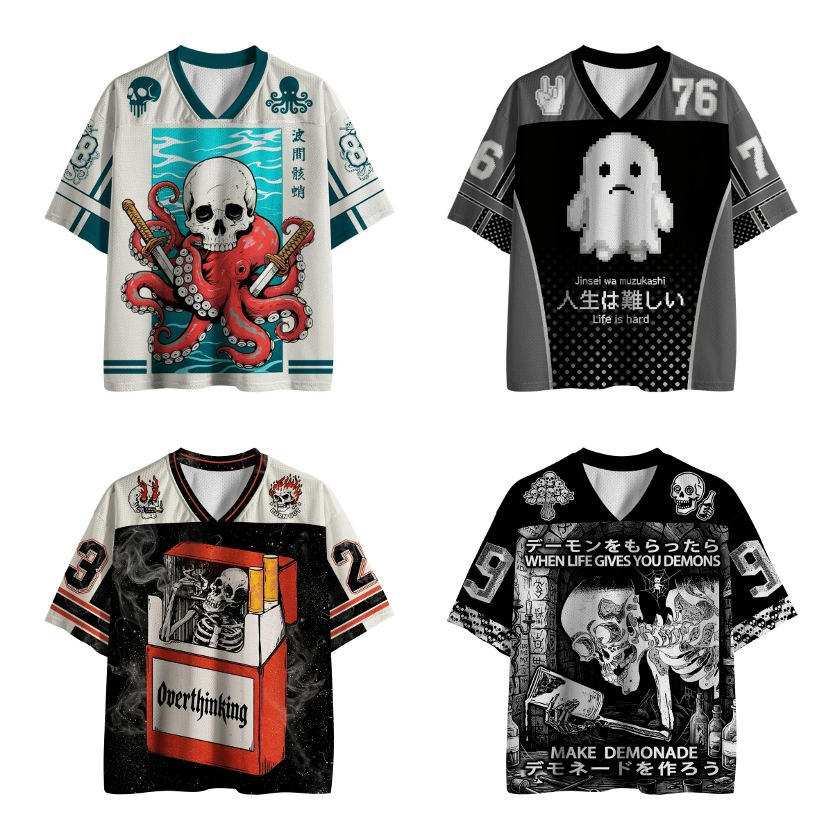 2026 Hotsale Dark Retro Halloween Jersey Bundle, 4 Styles Octopus Skull Pixel Ghost Skeleton Graphic Unisex V-Neck Sports Tee