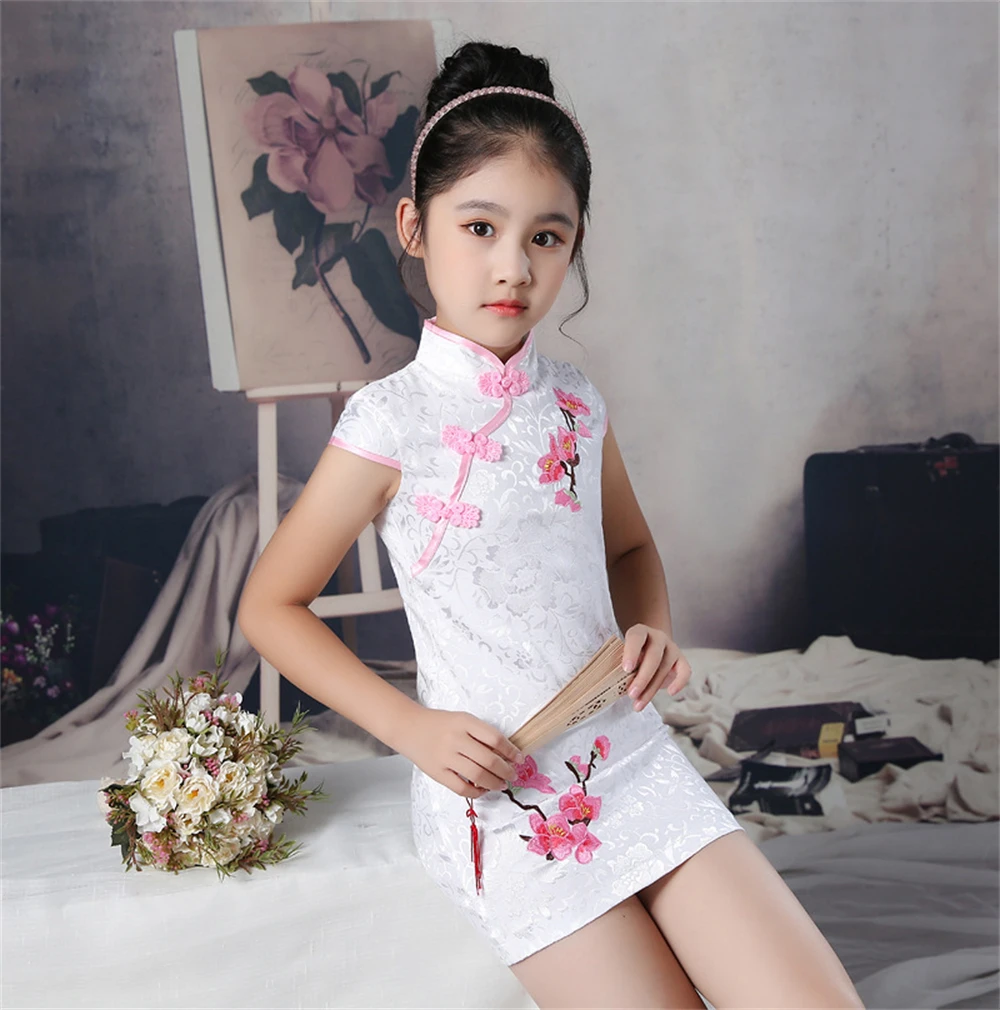 Weißes Mädchen Blumen stickerei Cheong sam Sommer chinesisches traditionelles Kleid Kinder Bühnen leistung Qipao Vestidos Hochzeits feier Kleid