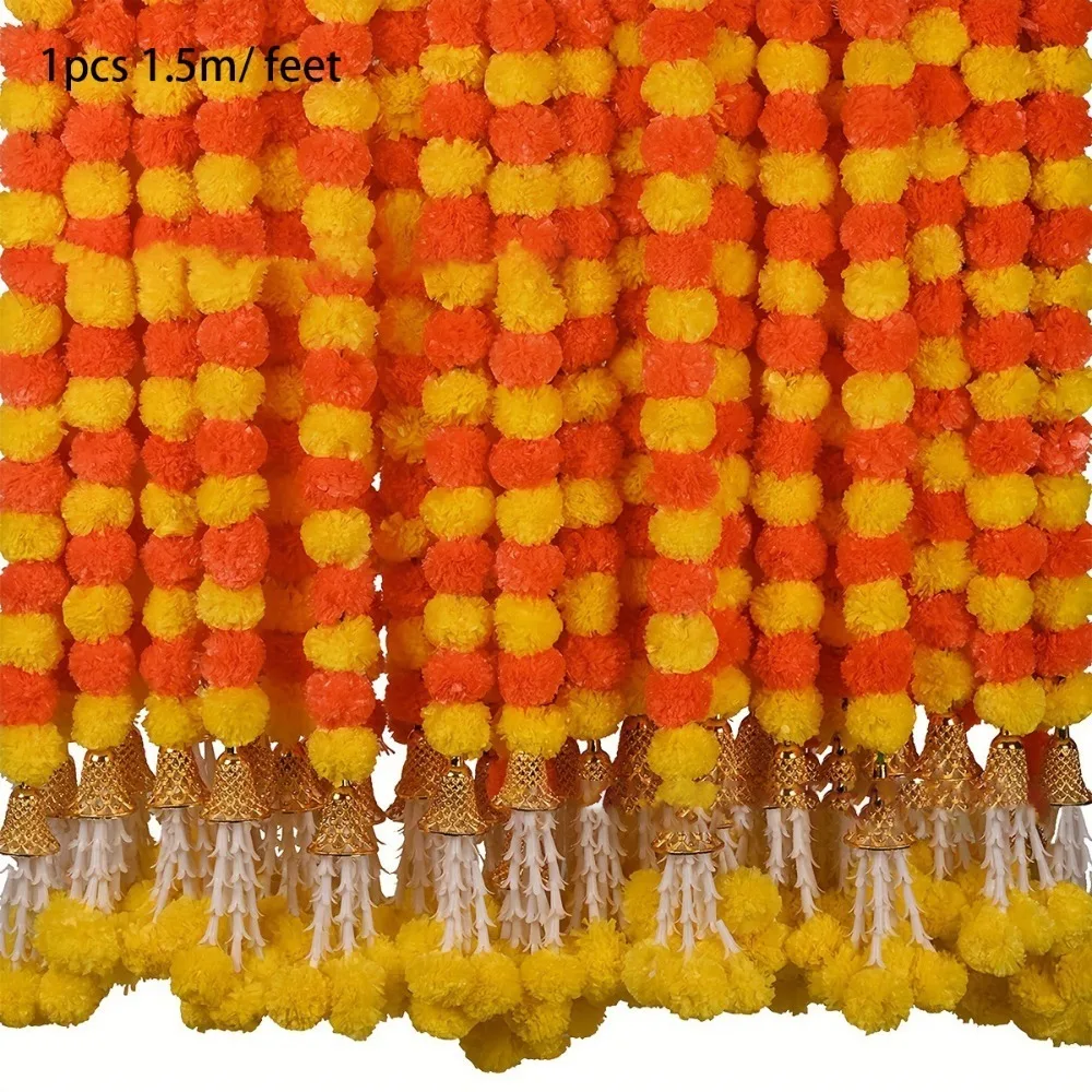 

Длинные нити, искусственная гирлянда из календула, Pooja Diwali Fiesta, индийский декор, искусственное растение, декор для мероприятий, 1,5 м, гирлянда из искусственных цветов