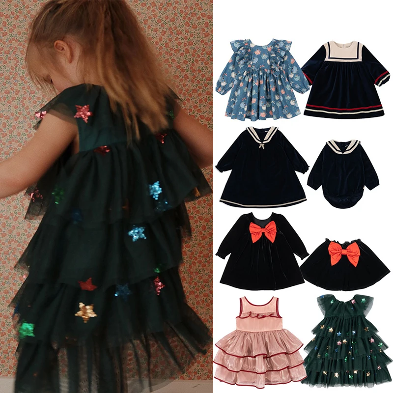 Girls Christmas Dress 24 AW Children's Skirt Girls College Style Puff Skirt Long Sleeve Dress Children's Party Skirt