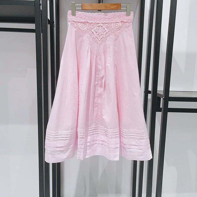 

Длинные юбки из 100% хлопка, осень 2021, модный стиль, женская вязаная крючком кружевная вышивка в стиле пэчворк, элегантная длинная белая розовая юбка макси