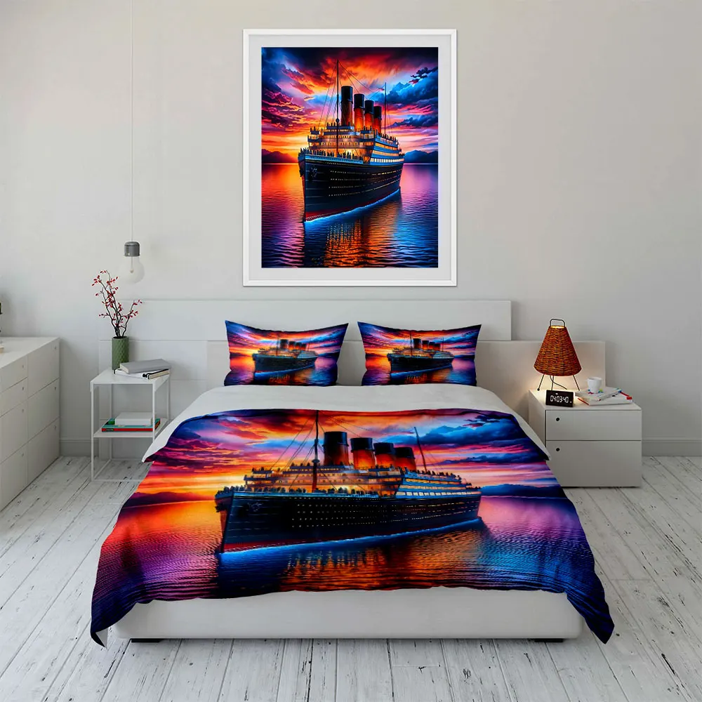 Luxury cruise ship at sunset Print Soft Comfortable Duvet Cover Bedding Set Included 1*Duvet Cover  2*Pillowcases Luxury Gift