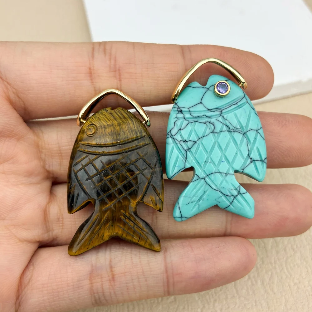 Fish Shaped Natural Gemstone Pendant with Zircon, 34*23mm Turquoise Rose Quartz Flat Pendants DIY Necklaces Accessories