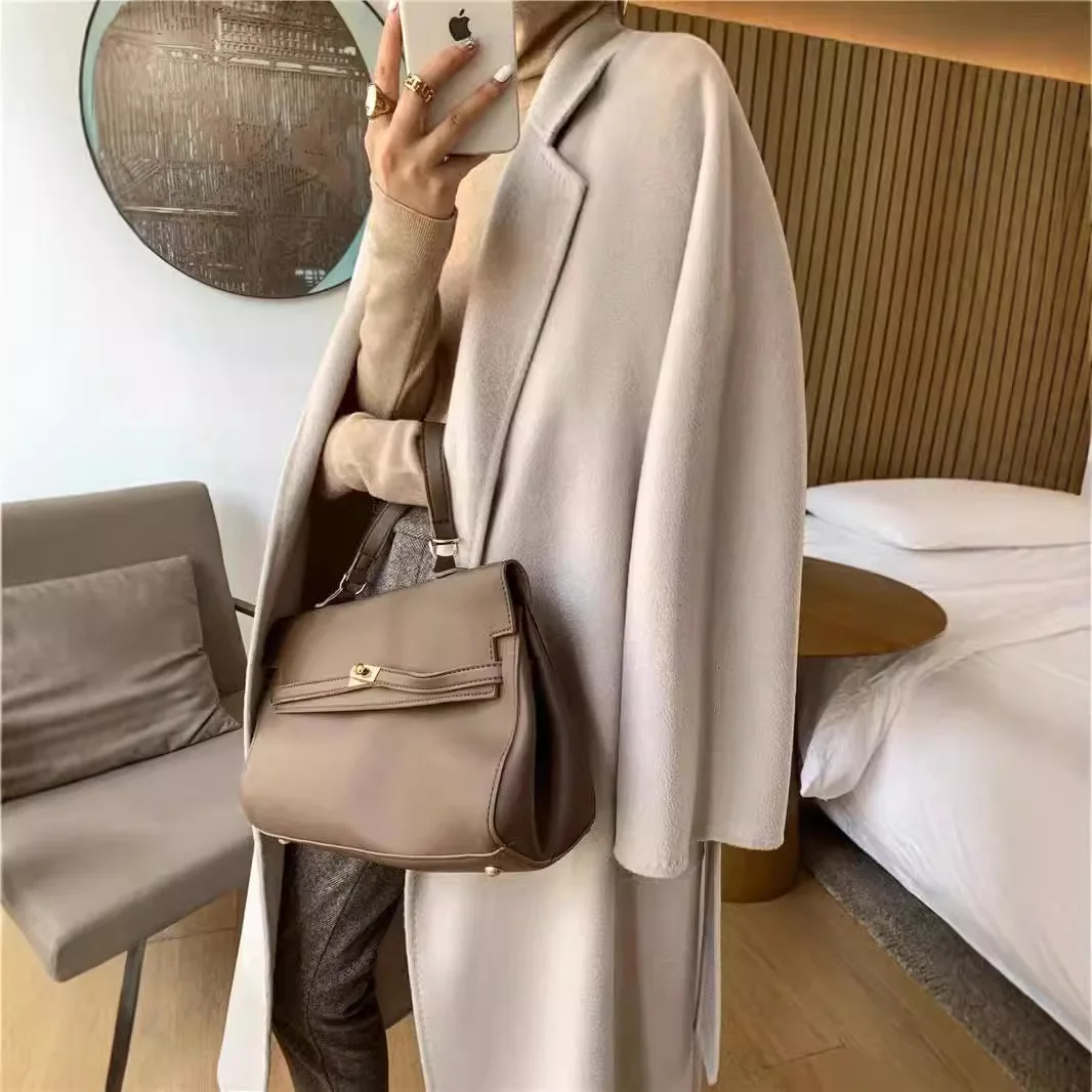 Bathrobe Style Double Sided Cashmere Woolen Overcoat Women Fashion Water Ripples Long Loose Lace-up Wool Coat Solid Color