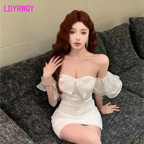 Dresses with one-line collar, off-shoulder, puffy gauze, bow tie, bra, women's dress, 2023, new fashion, sexy