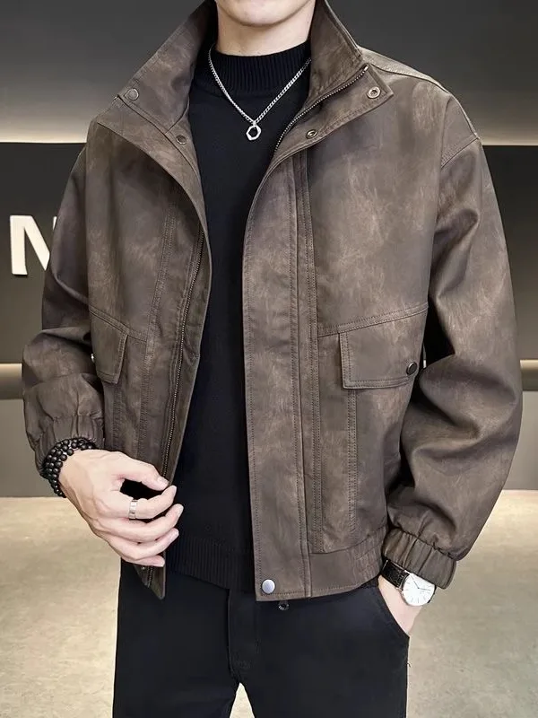 

Slim Fit Leather Jaet Men's Casual Sle Zipper Closure PU Leather Vintage Stand Collar Biker Jaet for Spring Autumn