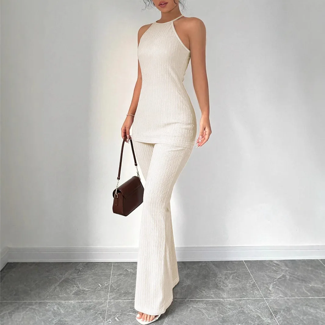 

Women Summer Elegant 2-Piece Round Neck Slim Fit Hanging Neck Sleeveless Top High Waist Slim Fit Micro Flared trousers Lady Set