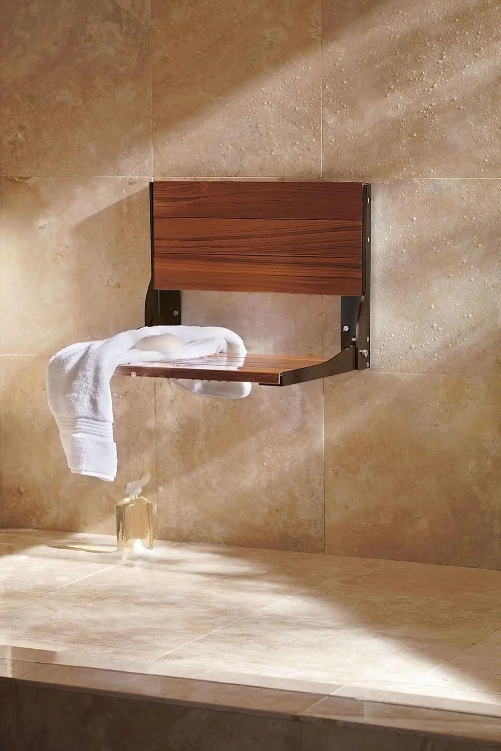 Asiento de ducha plegable de aluminio y madera de teca de bronce, silla de ducha montada en la pared del Viejo Mundo para el cuidado del hogar, DN7110OWB