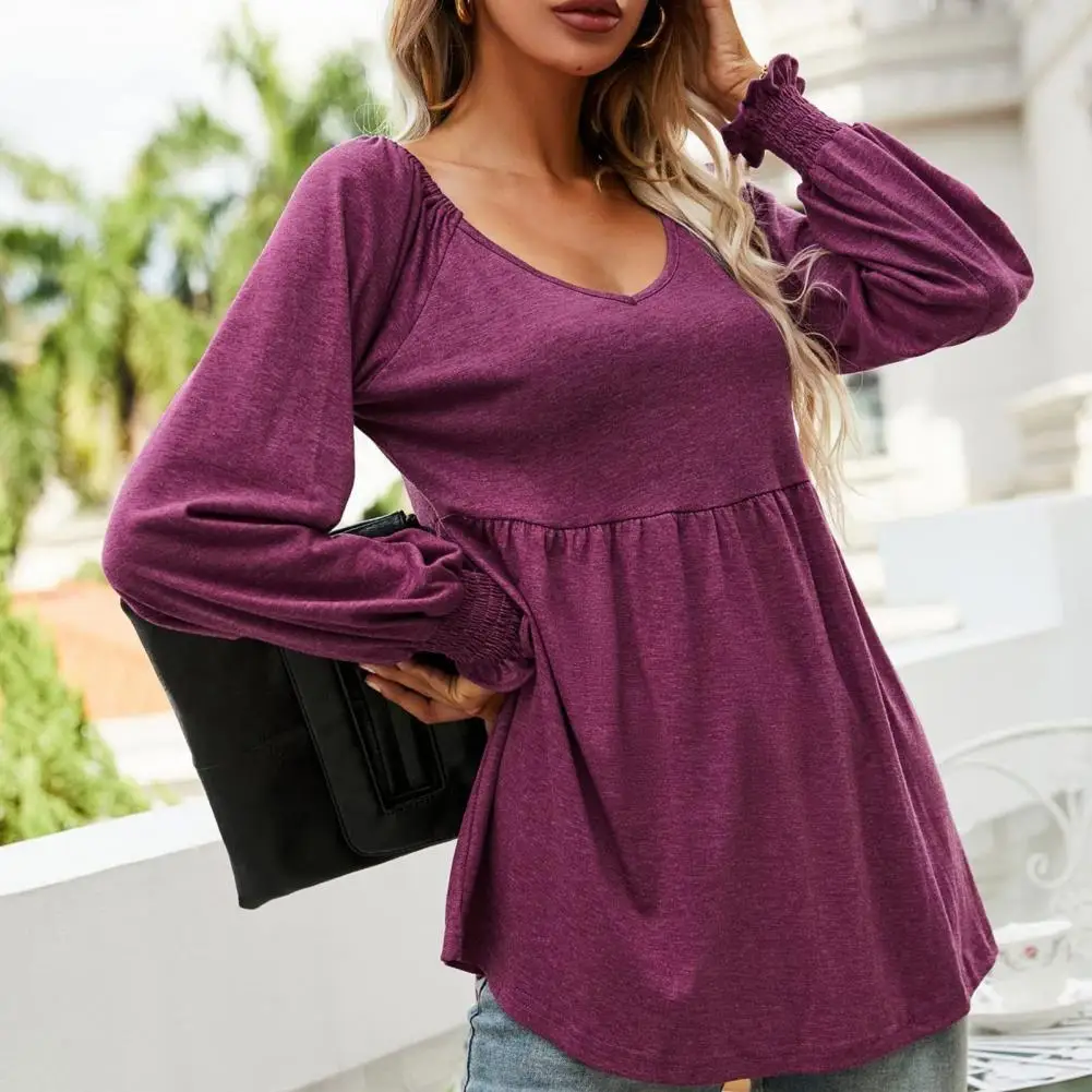 Trendy Tunic Blouse V-neck Thin Comfy Lantern Long Sleeve Lady Tunic Blouse