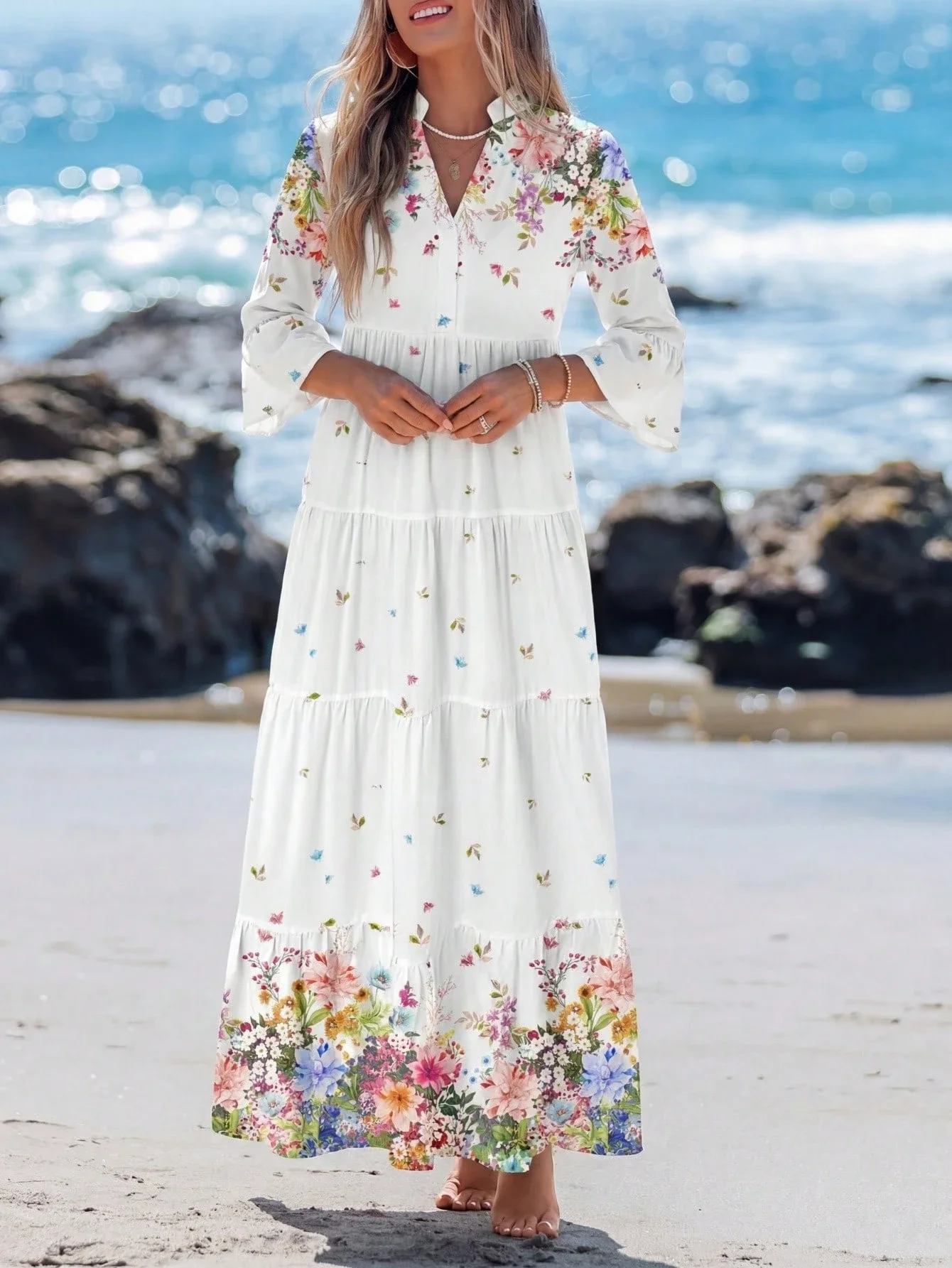 

Women's V-Neck Floral Print Tiered Long Sleeve Maxi Dress Boho Beach Casual