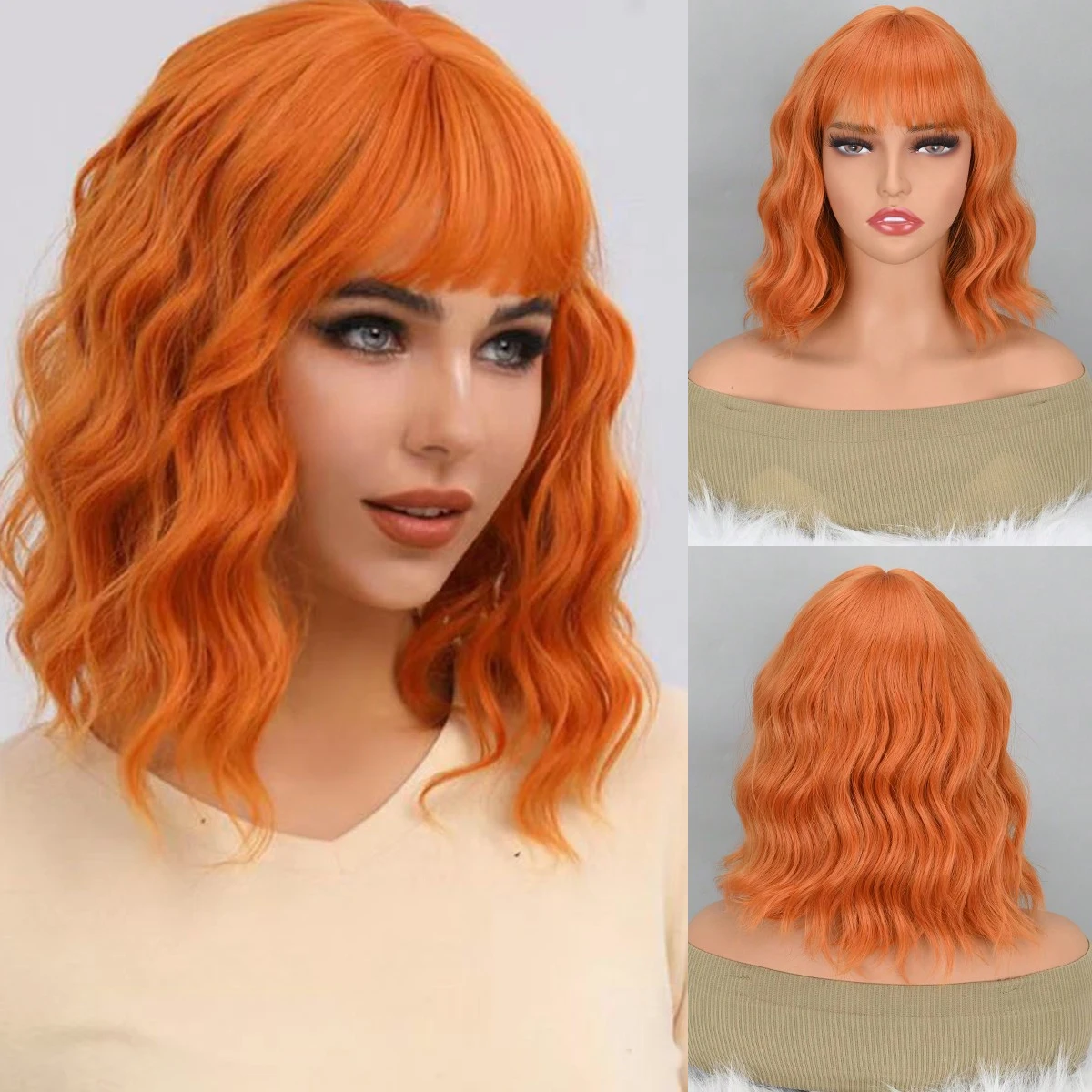 

Короткий волнистый вьющийся женский свежий яркий синтетический обычный парик Боб с плоской челкой (светло-оранжевый)