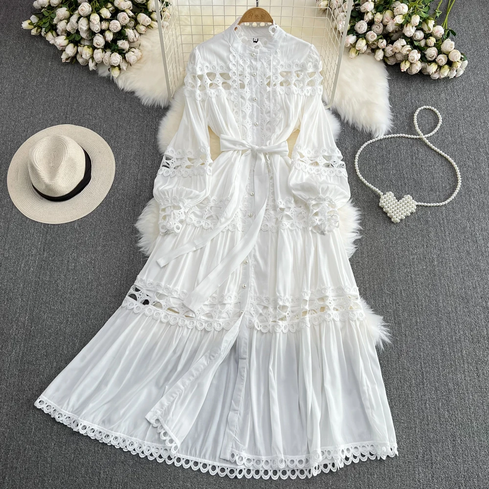 

ALPHALMODA 2024 New Women's Palace Style Dress Embroidered Hollow Trim Single Breasted Lantern Sleeve Ladies Elegant Dress