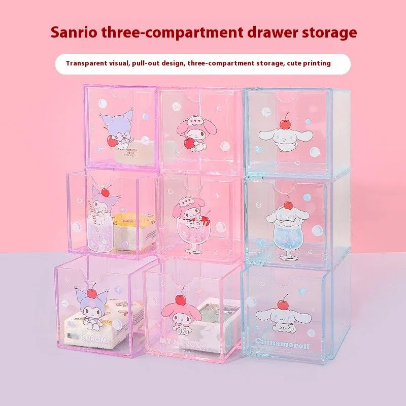 

Sanrio, Kuromi Cinnamoroll My Melody, хранилище с тремя ящиками, милый настольный ящик для хранения, полка