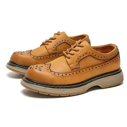 2024 Genuine Leather Shoes Men Footwear Fashion Man Brogues Autumn Early Winter Cow Leather Mens Casual Shoes Flat Yellow A4812