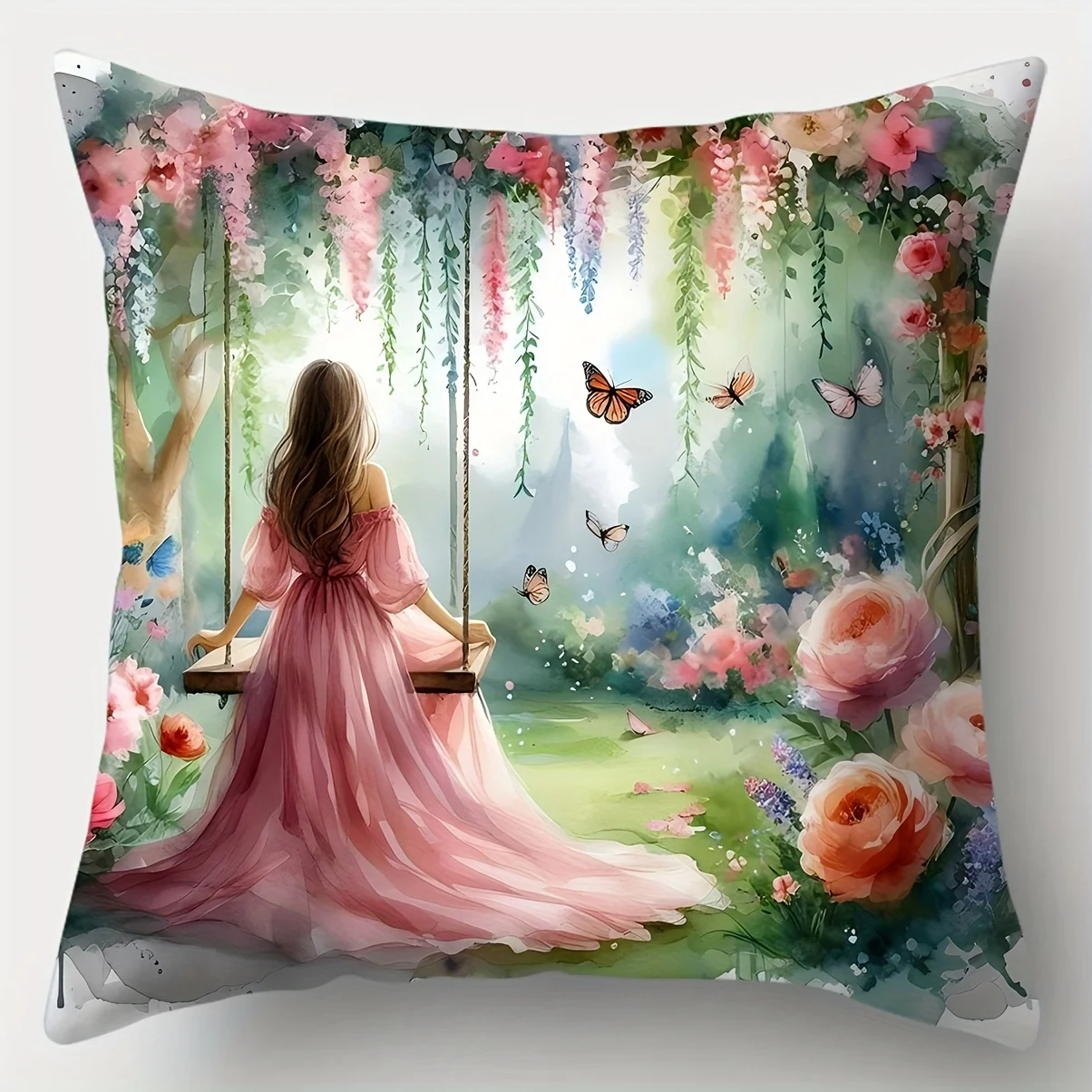 Four-piece oil painting style cushion cover set, featuring a charming design depicting a beautiful woman dancing in a garden
