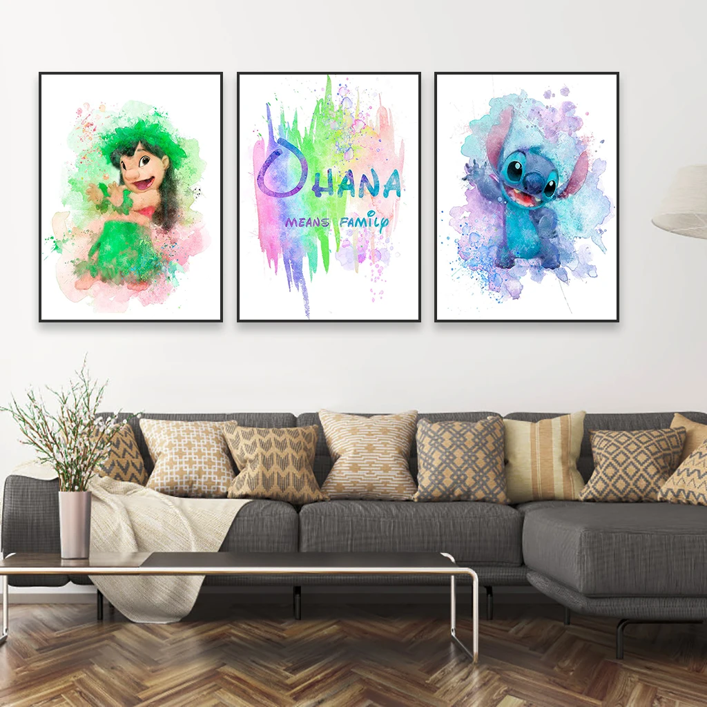 Funny Lilo & Stitch Posters Disney Print Ohana Means Family Watercolor Wall Art Canvas Painting Kids Room Wall Art Decoration