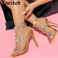 Aneikeh Summer Clear PVC Sandals Square Toe Stiletto High Heels Crystal Chain Ankle Strap Party Prom Shoe Elegant Designer Pumps