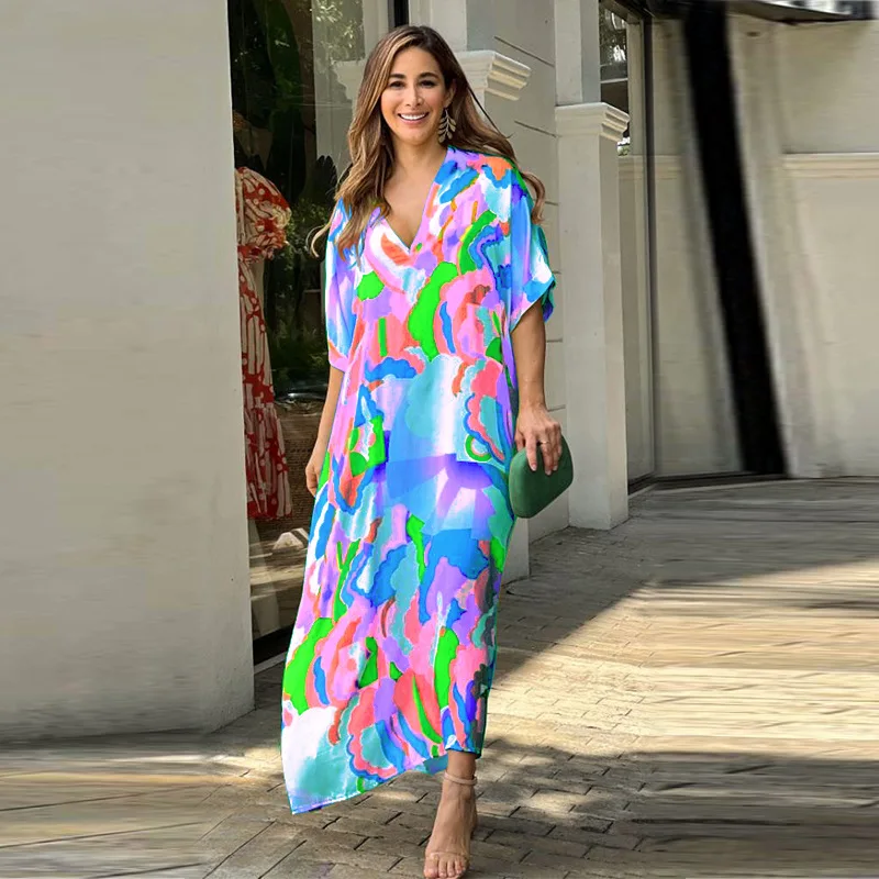 

Elegant Women's Sexy Dresses Flower 2023 Summer Fashion Print Loose Dress Beach Vacation Chiffon Vesido Femenino Mujer Robe