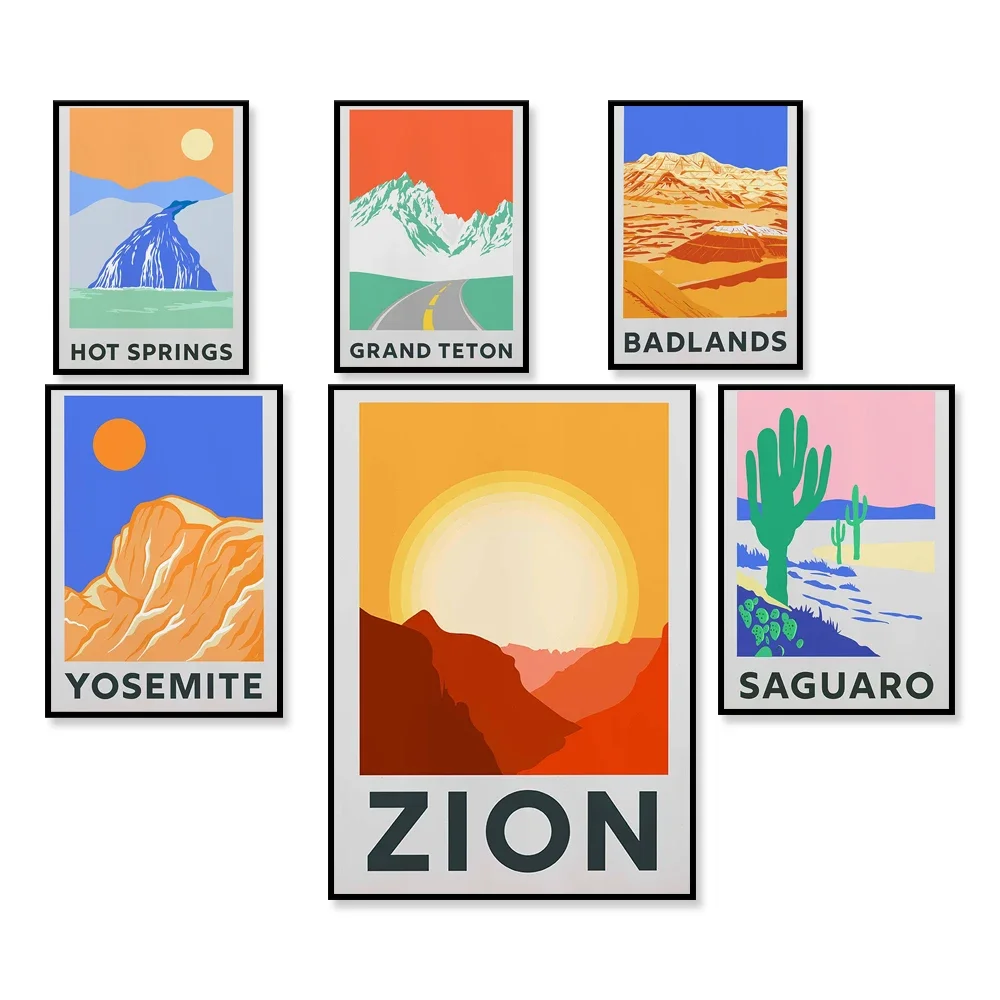 

Rocky Mountains, Yosemite, Zion, Badlands, Death Valley, Grand Teton, Grand Canyon, Cactus National Park Travel Abstract Poster