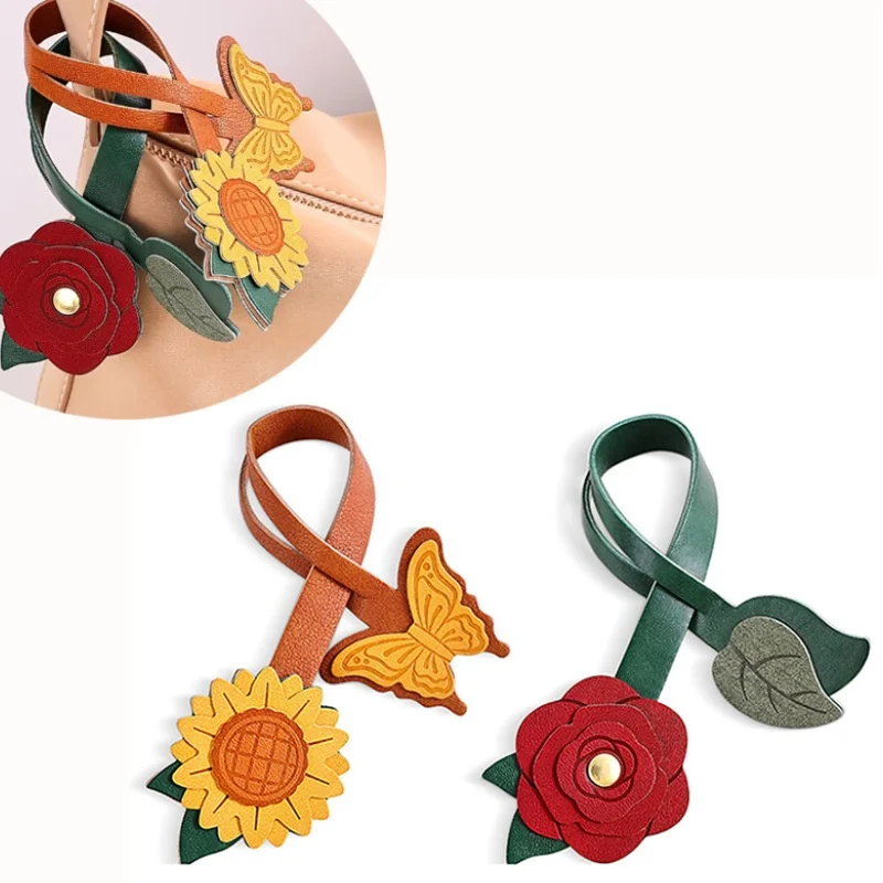 Vintage Rose Sunflower PU Leather Bag Charm, Handmade Solid Color Flower Bag Accessory Decorative Pendant For Tote Crossbody Bag