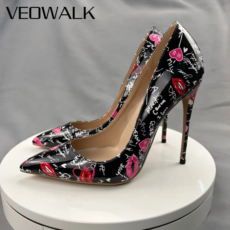 Veowalk Black Artistic Graffiti Print Women Sexy Pointed Toe High Heel Shoes Slip on Stiletto Party Dress Shoes 12cm 10cm 8cm