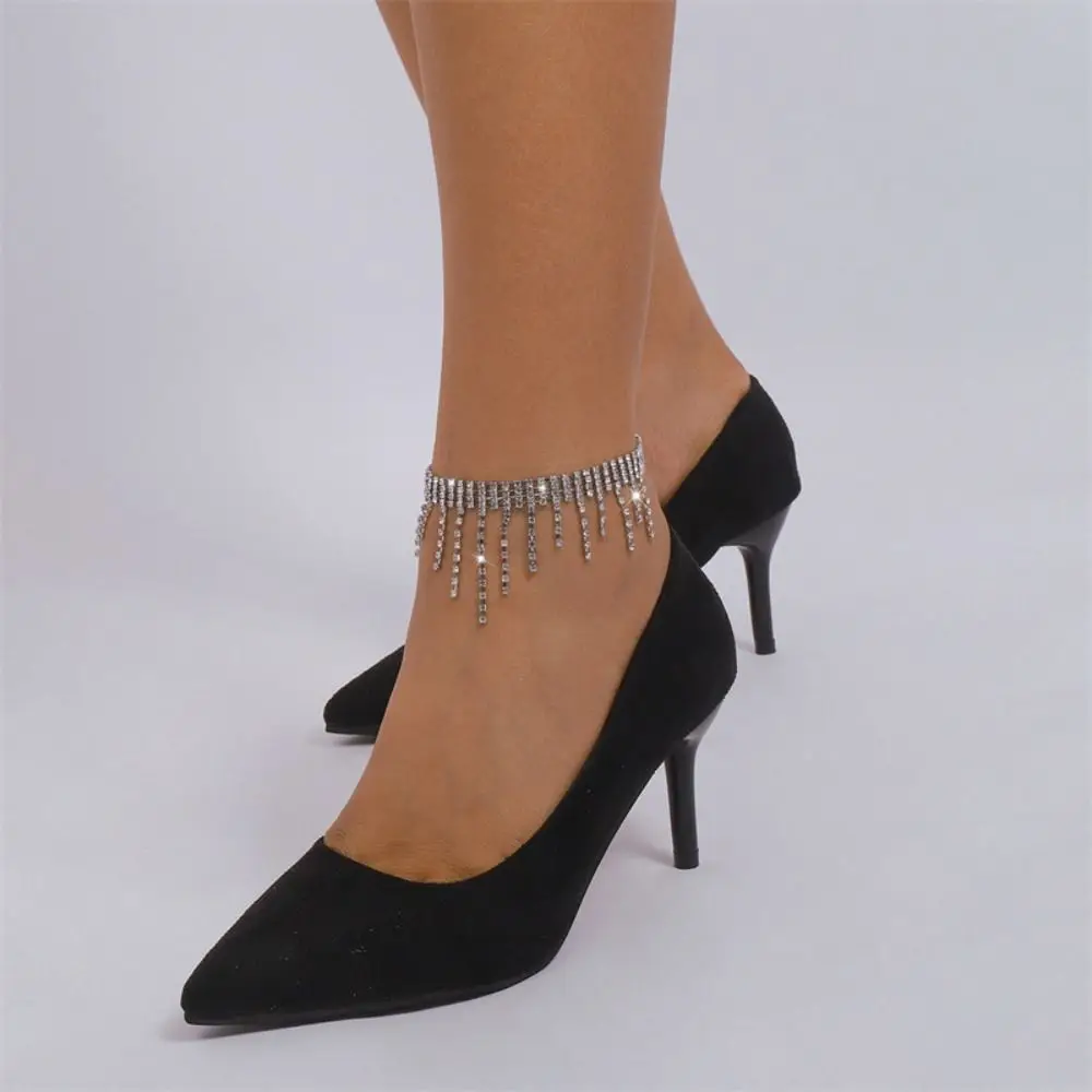 Fashion Rhinestone Tassel Anklets Chain Adjustable Shining Ankle Bracelet High Heels Summer Beach Feet Chain Jewelry Accessories