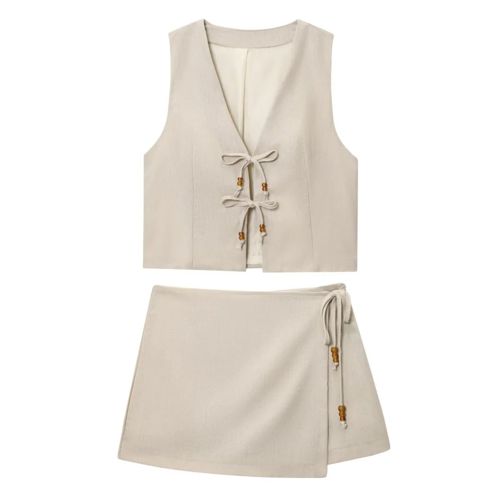 女性のビーズ付きリネン混紡 V ネックタンクトップビーズレースハイウエストカジュアルショーツ夏の新しいファッションショーツ