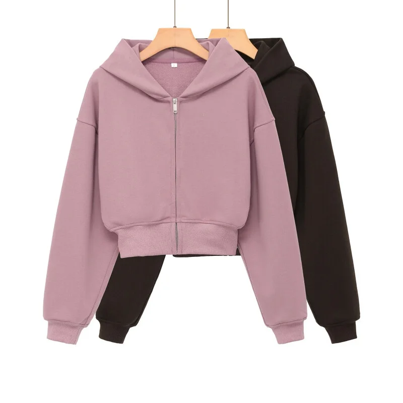 

2026 Spring Women's Cropped Hoodie Full Zip Long Sleeve Solid Casual Slim Fit No Pocket Daily Sweatshirt For School