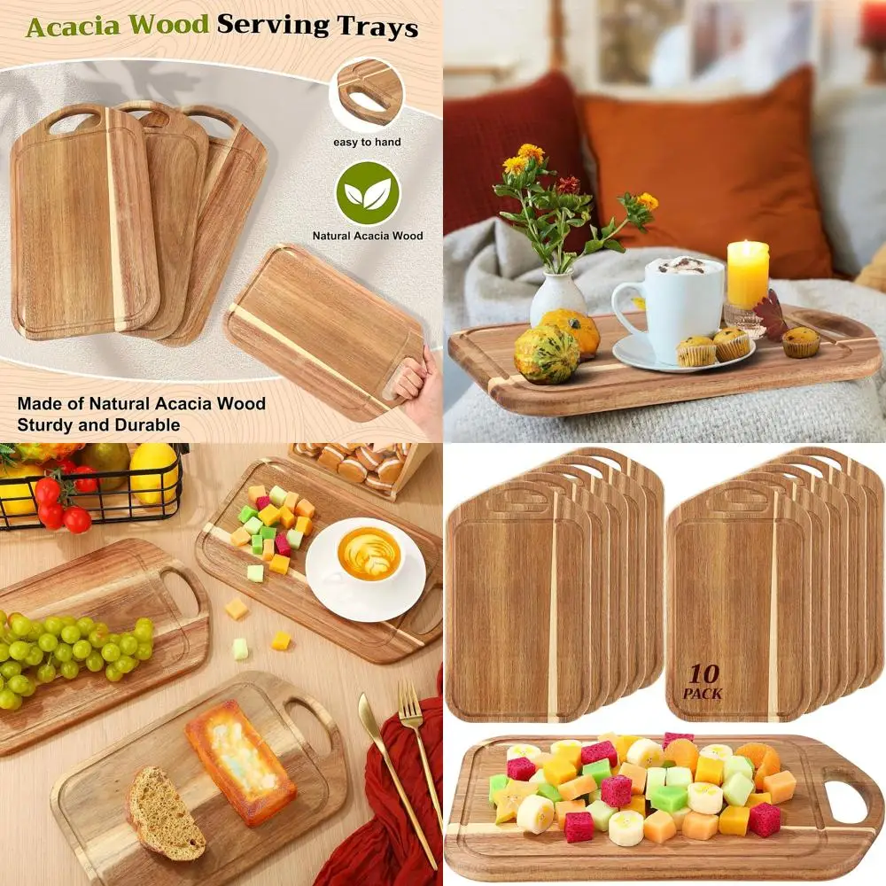 

Set of 10 Acacia Wood Charcuterie Boards with Handle, 13x7.8 in Bamboo Serving Trays for Pizza, Bread, Fruits, and Vegetables -
