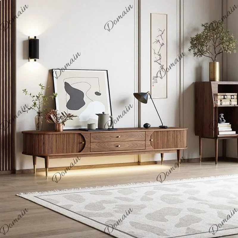 ZX Black Walnut Solid Wood TV Cabinet Roller Door Arc Shape Modern Nordic Style Living Room Storage Unit