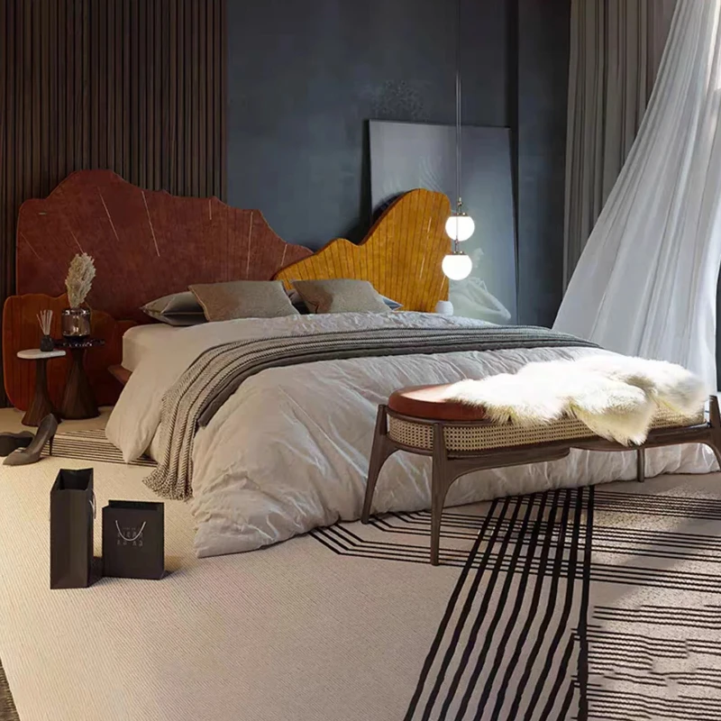 

Minimalist Master Bedroom Double Wide Bed | Modern Flat Floor Fabric Bed | High-End Large Soft Bed