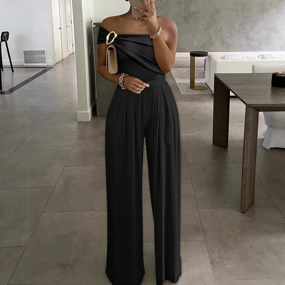 

Women Loose Sleeveless High Waist Overall Pants Jumpsuits Cold Shoulder Ruched Buckle Wide Leg Jumpsuit Black
