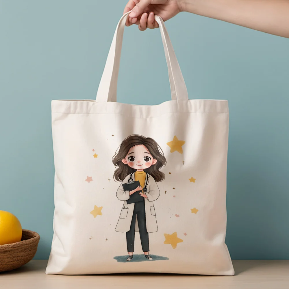 A Cartoon Doctor Pattern print canvas tote bag, suitable for daily use, shopping, school, and travel