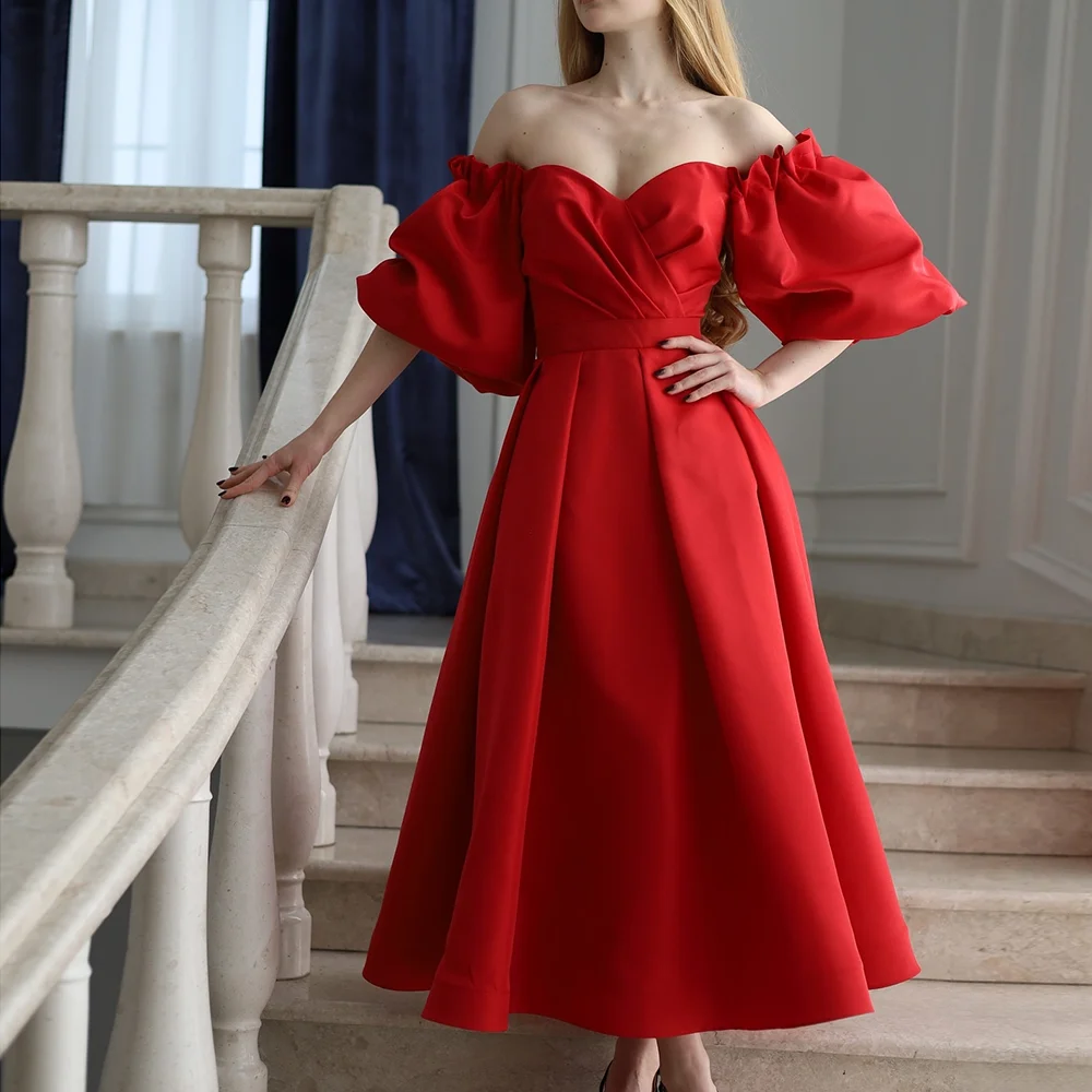 

Customized Sweetheart A-Line Red Prom Gown Off The Shoulder Draped Tea-Length Simple Backless Evening Dress Stain Homecoming