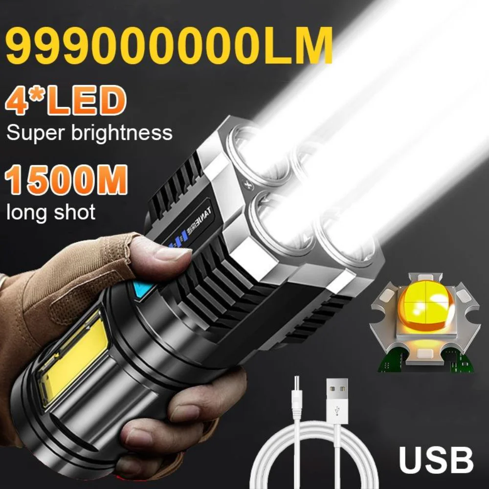 LED Flashlight USB Rechargeable 4LED High Power Super Bright Flashlights Outdoor Portable Tactical Lighting COB LED Flashlights