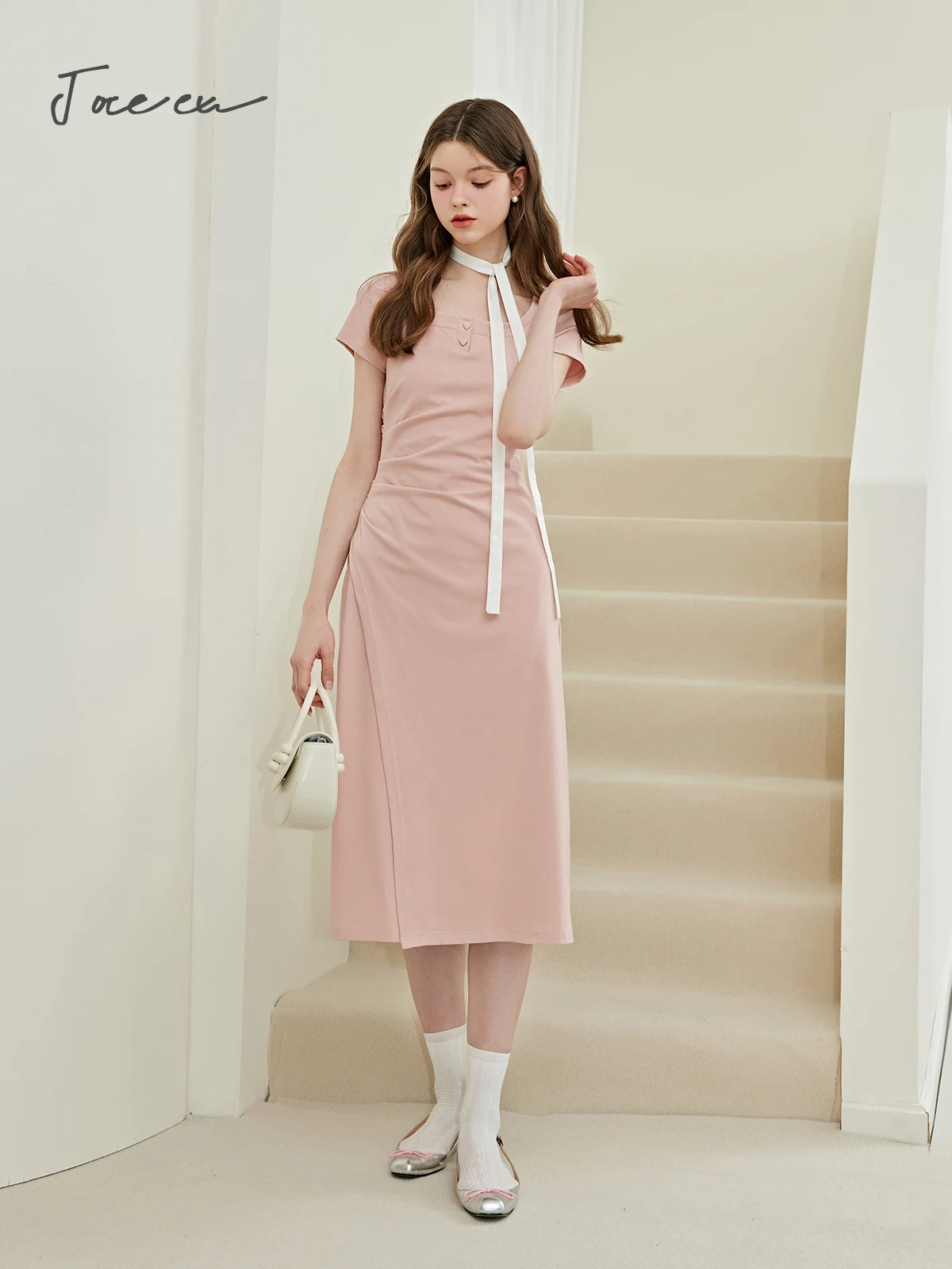 

JOREEU Pink Casual Short Sleeve Dress for Women 2024 Summer Solid High Waist Square Collar Midi Dresses Woman Clothes T01806