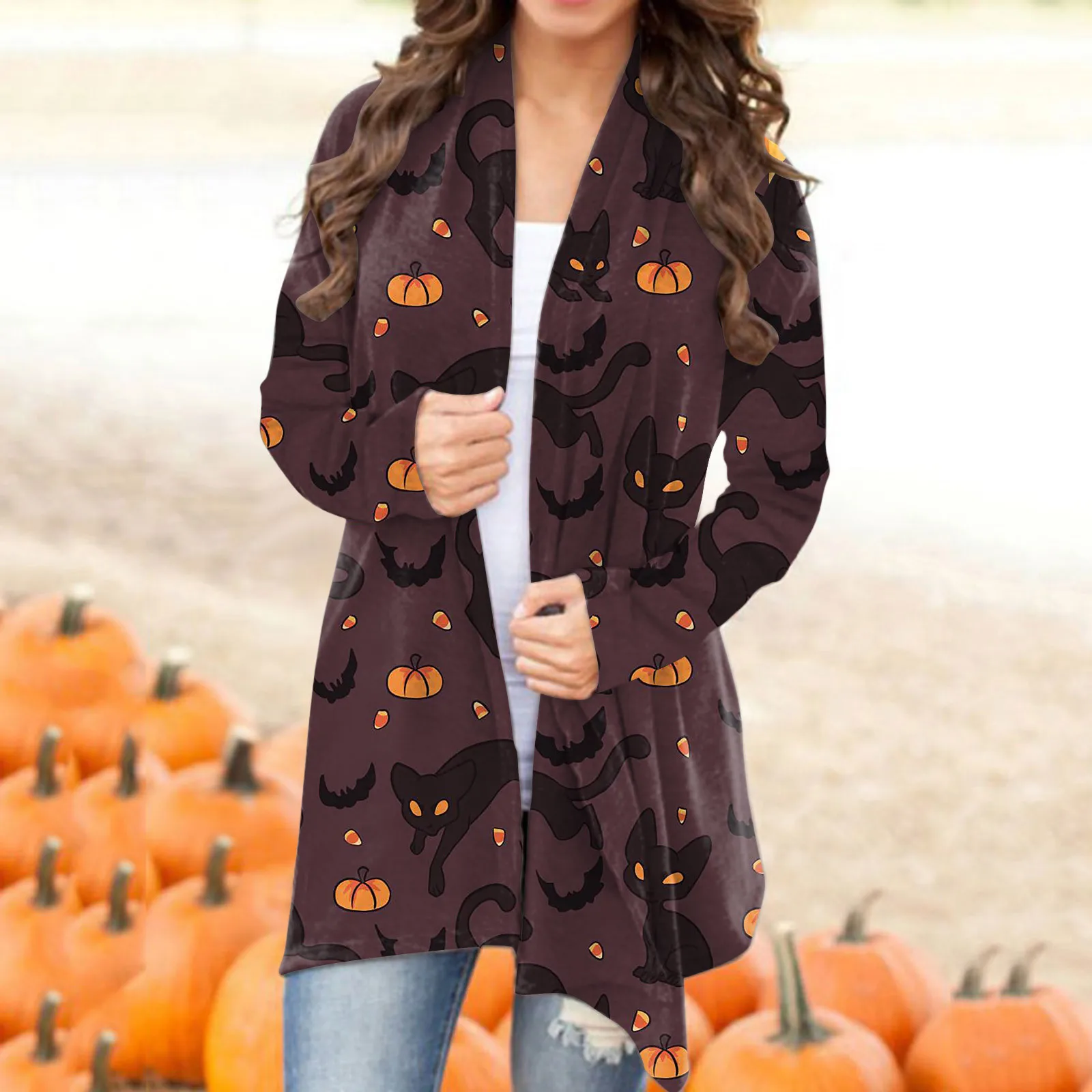 2024 Halloween Cardigan Pumpkin Cat Spider Bat Cartoon Print Long Sleeve Open Front Outwears Plus Size Loose Casual Women Tops