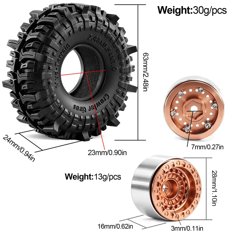 1.0 inch Metal Beadlock Wheels Rims Tires Set for 1/18 Traxxas TRX4M 1/24 Axial SCX24 AX24 FCX24 RC Crawler Upgrade Parts 2