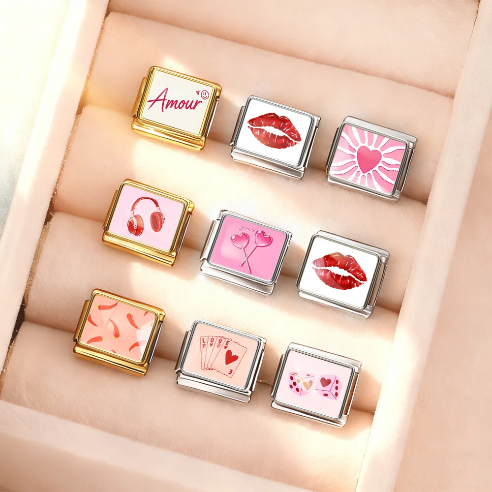Fashion Pink Series Love Dice Big Red Lips Headphones Italian Link Fit 9mm Stainless Steel Bracelet Making DIY Charm Jewelry