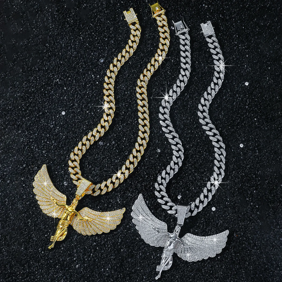 

Influx Of Personality Men's Full Diamond Chain Hip-Hop Exaggerated Angel Wing Pendant Necklace