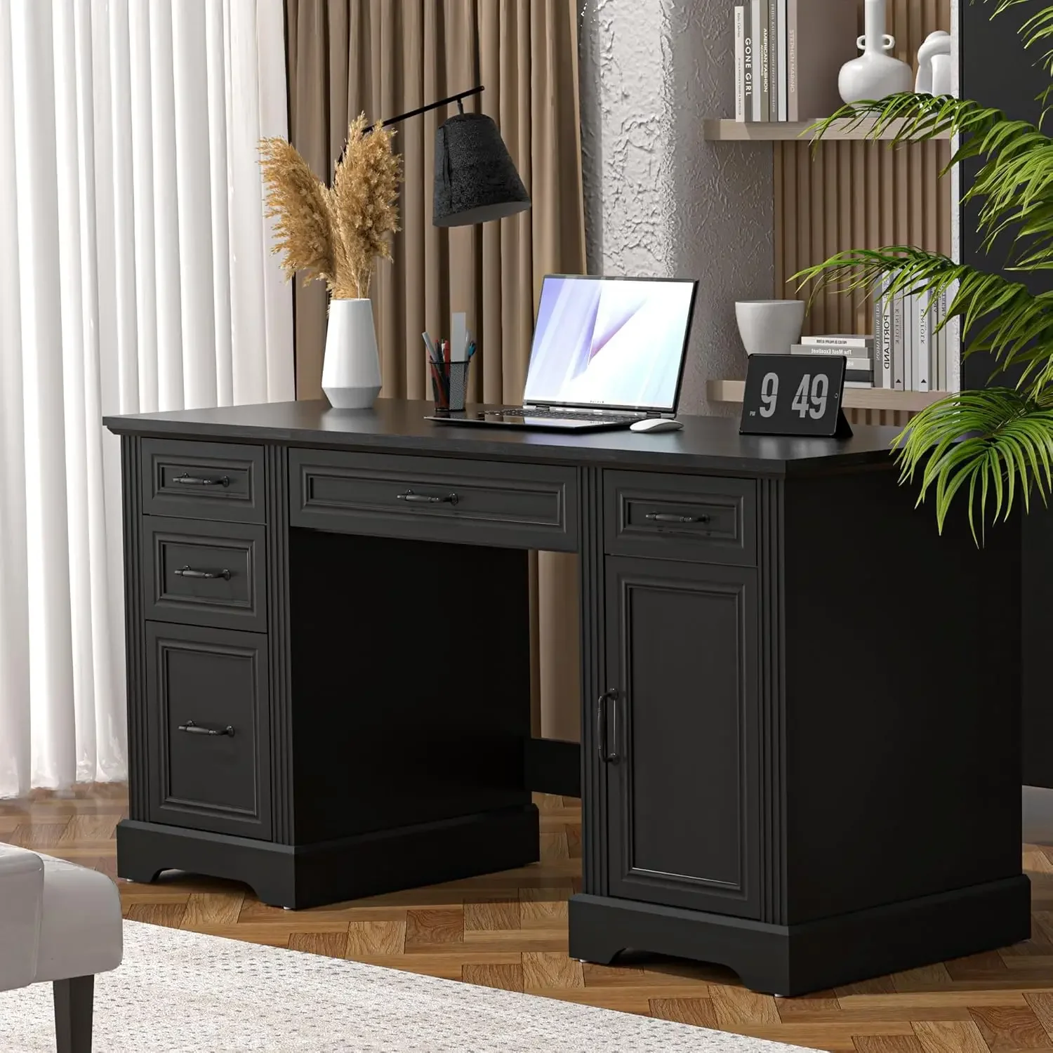 Ahb 58"" Executive Desk, Home Office Desk With Drawers And Cabinet, Wooden Workstation With Storage, Farmhouse Desk For