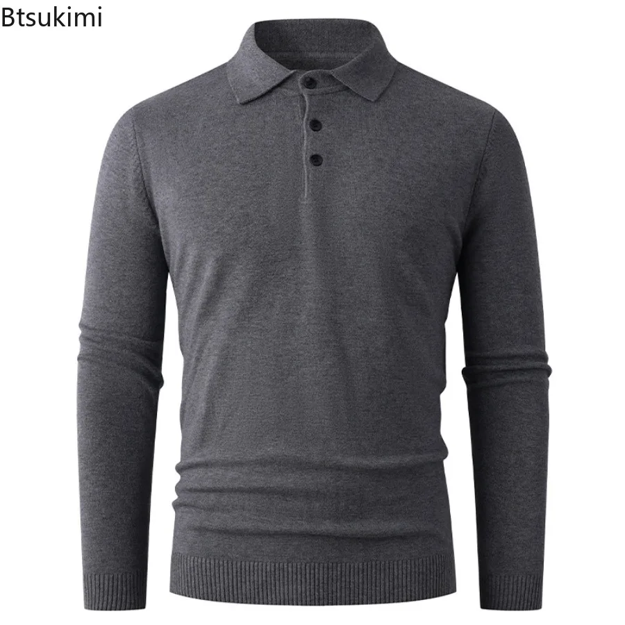

2025 Men's Autumn Winter New Knitted T-shirt Middle-aged Casual Long Sleeved Pullover Fashionable Solid Lapel Knitted Sweater