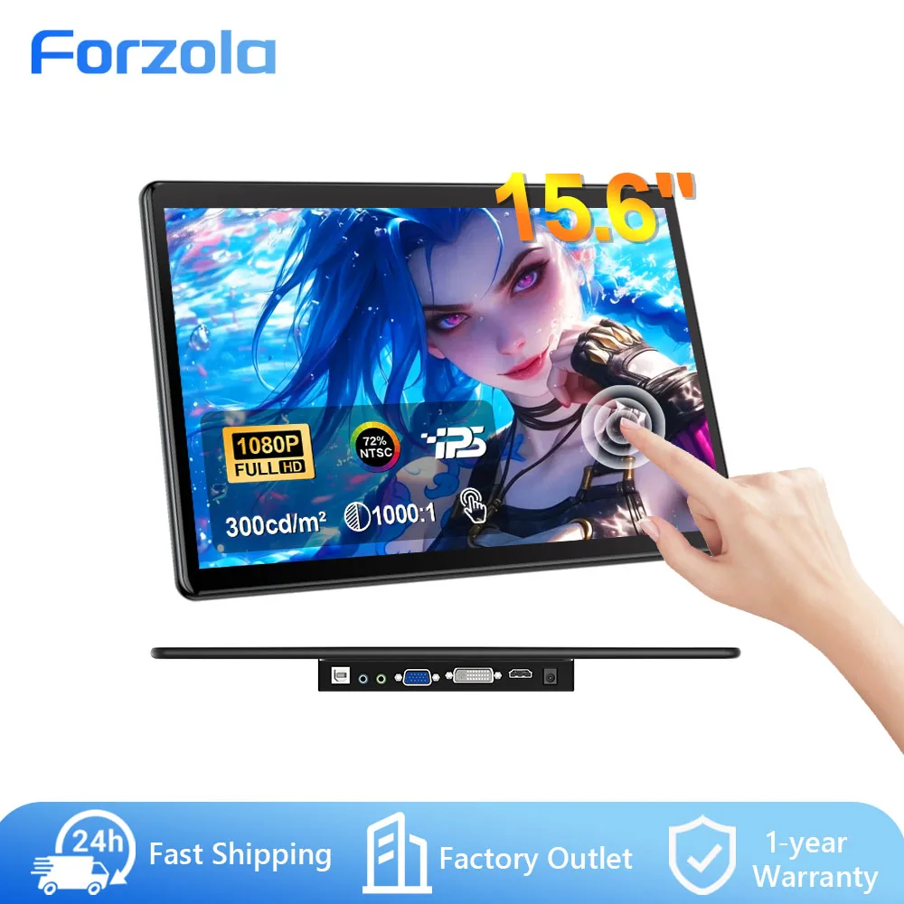 FORZOLA 15.6 inch Touchscreen POS Monitor 1920x1080 HDMI DVI VGA Indusitrial Display for kiosks Retail Gym Warehouse PC Screen
