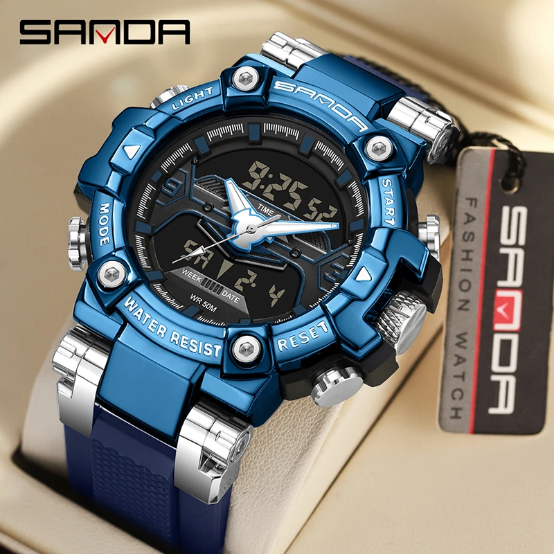 SANDA New Top Luxury Sports Watch Men High Quality Waterproof LED Digital Watch Dual Display  Electronics Quartz Men\'s Clock Hot