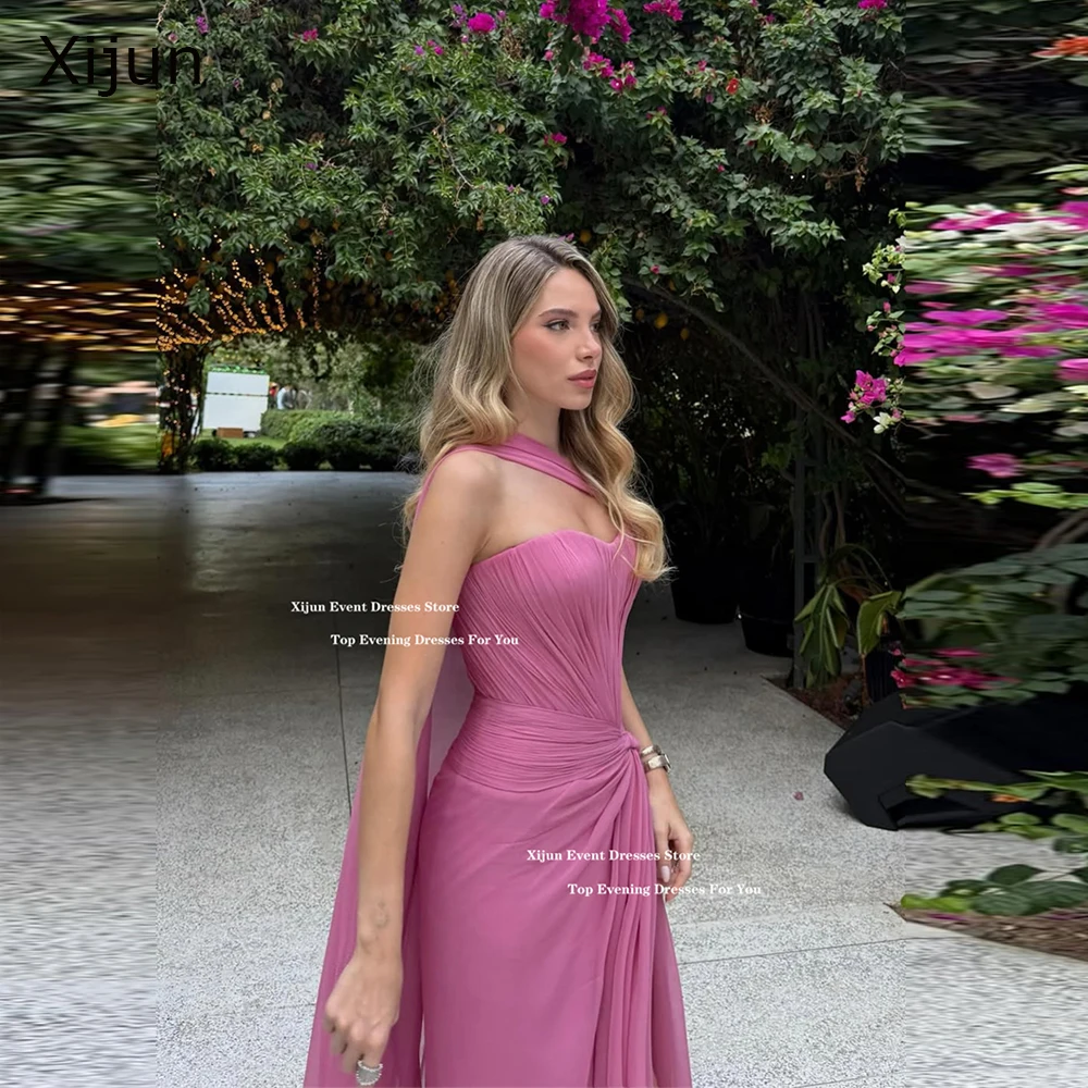 

Xijun Elegant Pink Chiffon Evening Dresses Sweetheart Pleated A-Line Formal Prom Dresses Split Saudi Arabic Prom Gown Customized